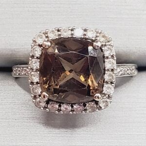 10k Solid White Gold Smoky Quartz, Diamond & White Topaz Halo Ring